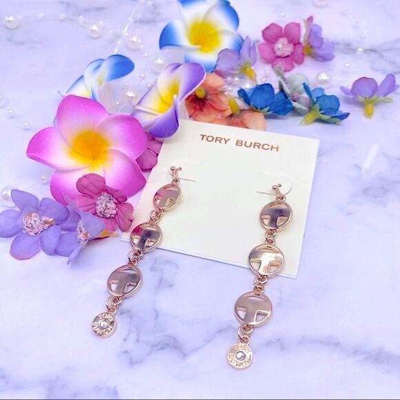 New Tory Burch Gold Round Drop T French Wire Dangle Earrings - Picture 2 of 7